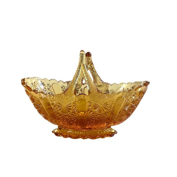 Vintage Fenton Amber Glass Daisy and Button Basket Twig Handle Candy Dish MCM - Picture 1 of 9
